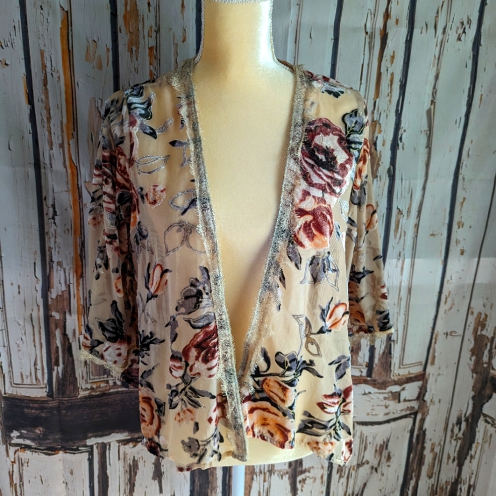 Anthropologie Cream Floral Velvet-Trim Open Jacket